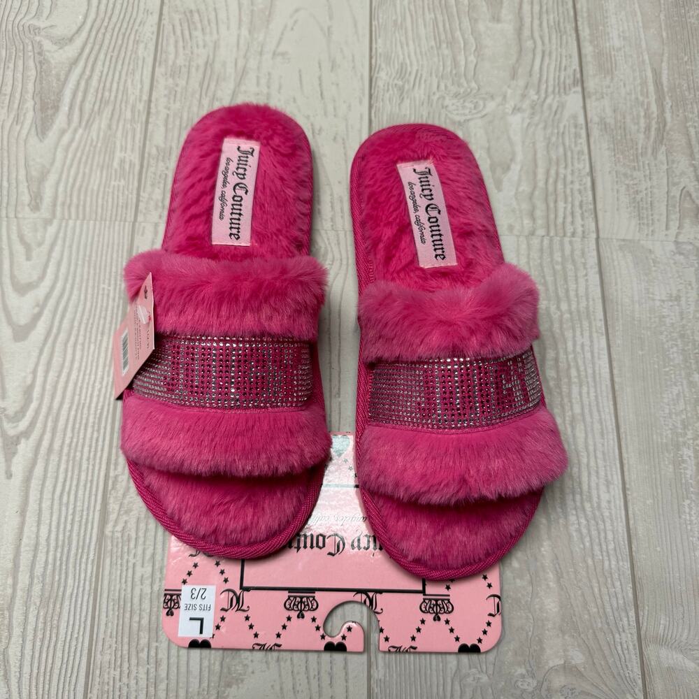 Juicy Couture Kids Halo Bright Pink Faux Fur Rhinestone Slippers Size L 2-3 NWT